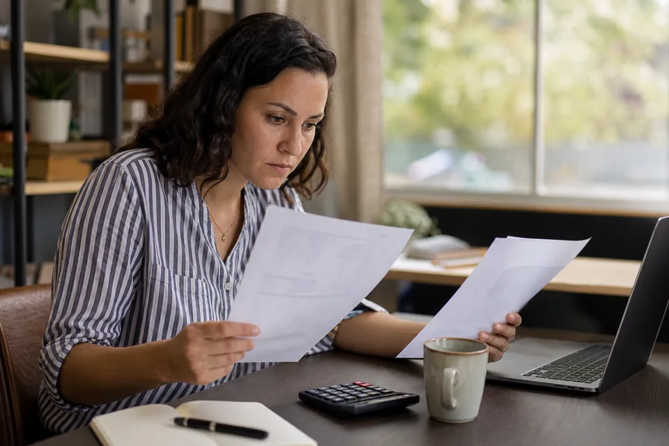 An email marketing manager comparing two vendor invoices with a calculator at her desk