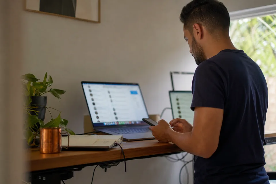 Lead generation consultant at a standing desk with a laptop, phone and budget notebook